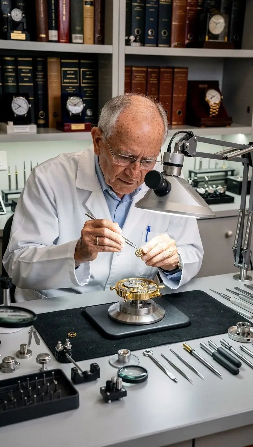 Illustration of automatic watch components and mechanics.