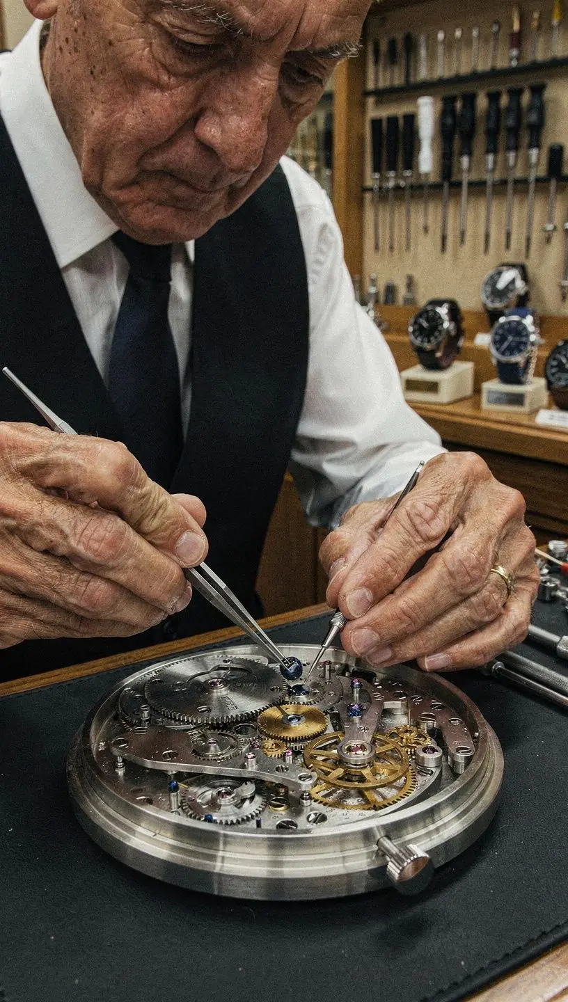 Technician repairing a luxury watch in workshop